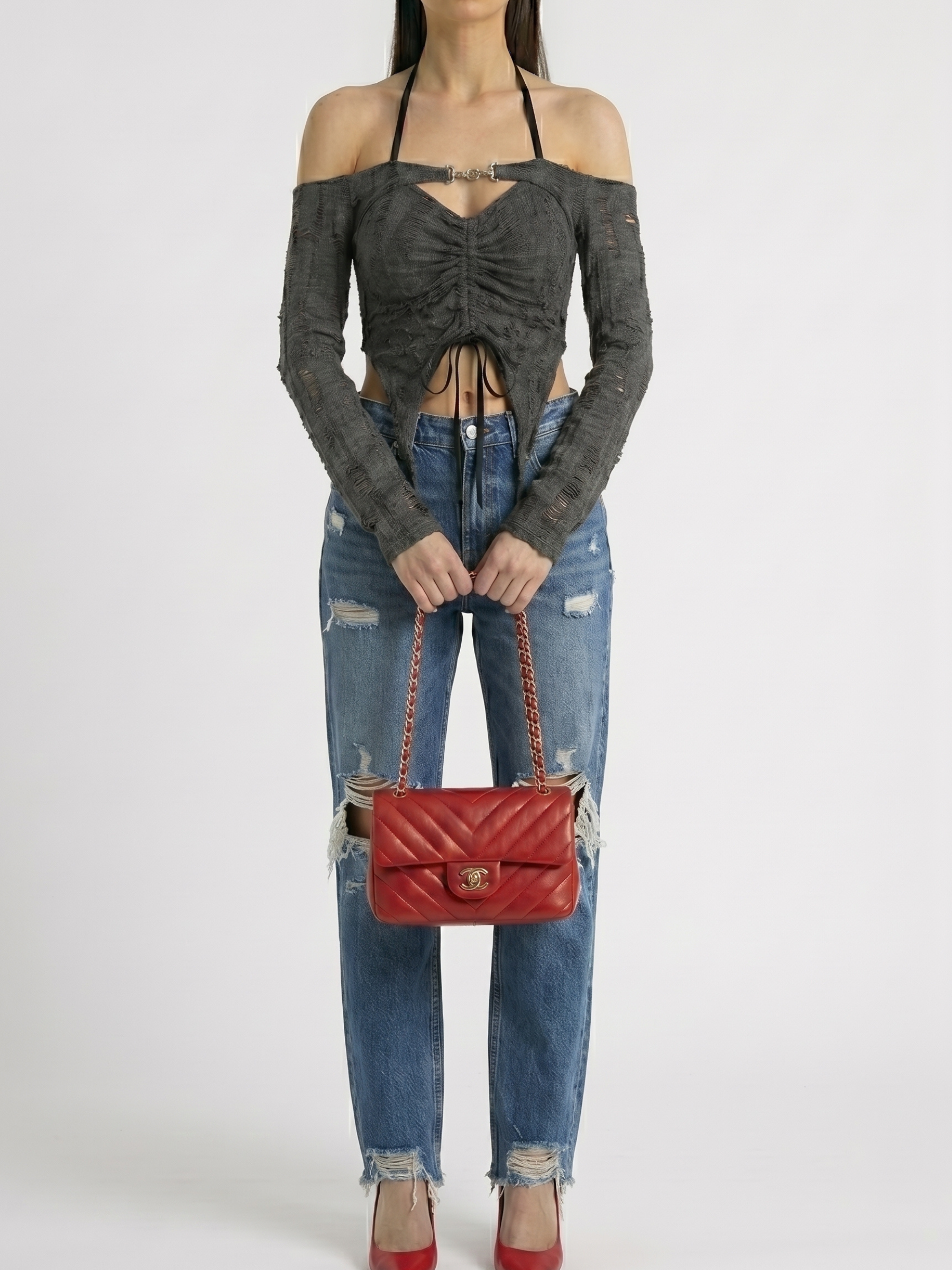 Noir™ | Top Halter Manga Larga Distressed